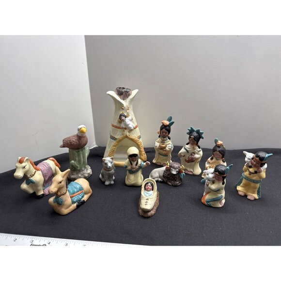 Native American Indian Inspired 13-Piece Porcelain Figurine Set VTG Hand Painted - Picture 1 of 16